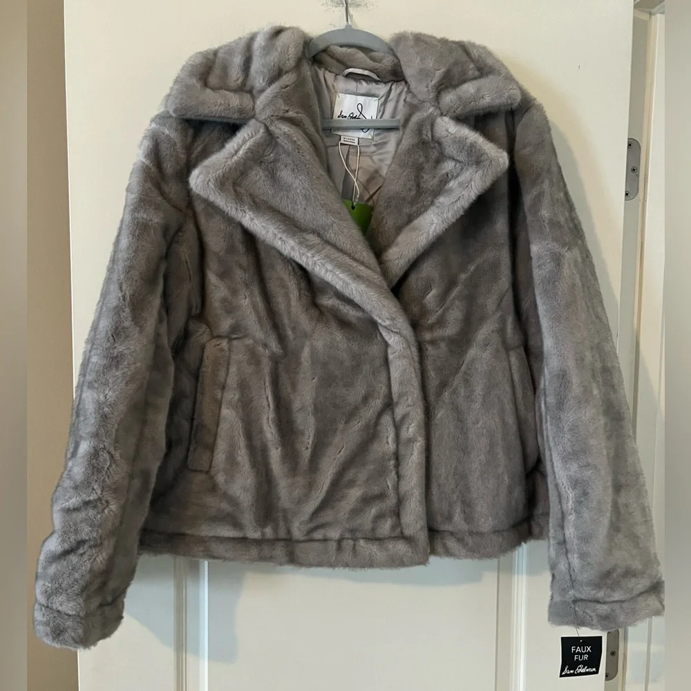 Sam Edelman Taupe Notch Collar Faux Fur Designer Jacket Women’s Size XL - Picture 1 of 16